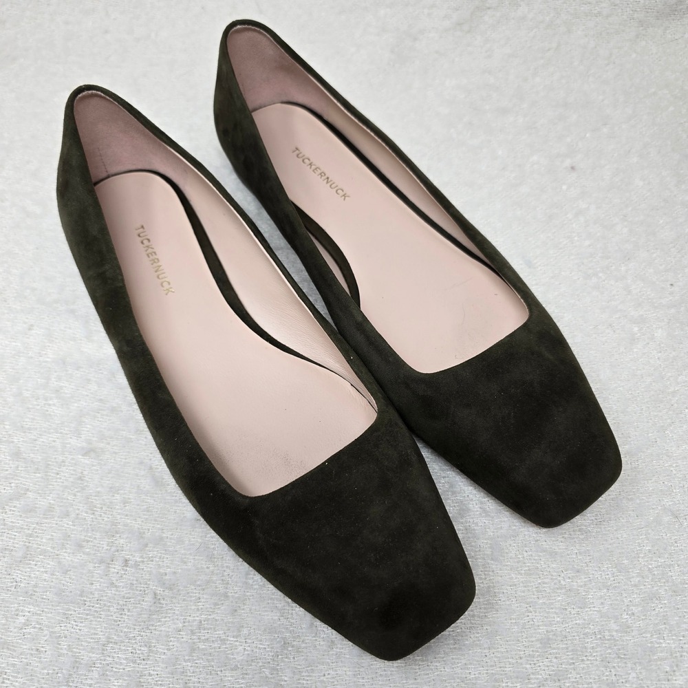 Tuckernuck Dark Olive Suede Nadia Flats Womens 9.5 Green Square Toe Shoes
